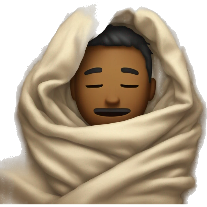 Guy inside a blanket sipping coffee eyes closed emoji