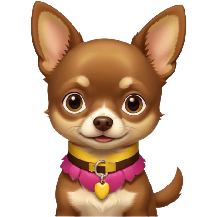Chihuahua color chocolate con las patitas y pecho color café claro, un pequeño collar amarillo  emoji