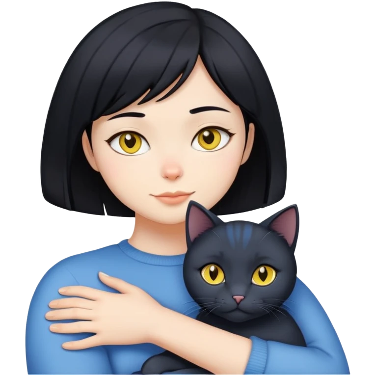 black straight hair hugging shorthair blue cat with yellow eyes emoji