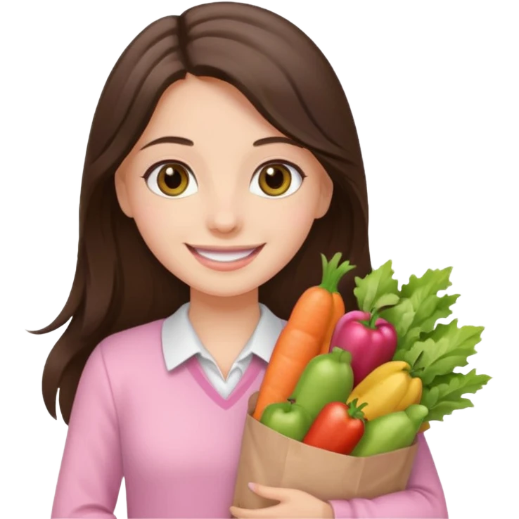 smiling long brunette hair girl hazel eyes wearing light pink clothes holding groceries emoji