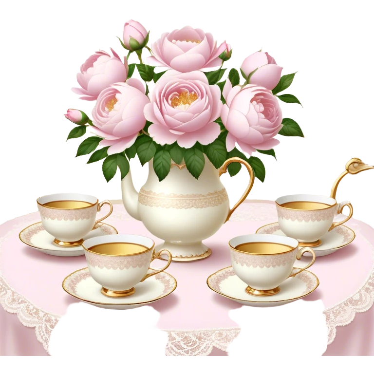 An enchanting garden tea party setting with a vintage lace tablecloth, golden-rimmed porcelain teacups, a centerpiece of light pink roses and white peonies in a pearl-trimmed vase, with delicate pearl butterflies flitting through the soft sunlight.
 emoji