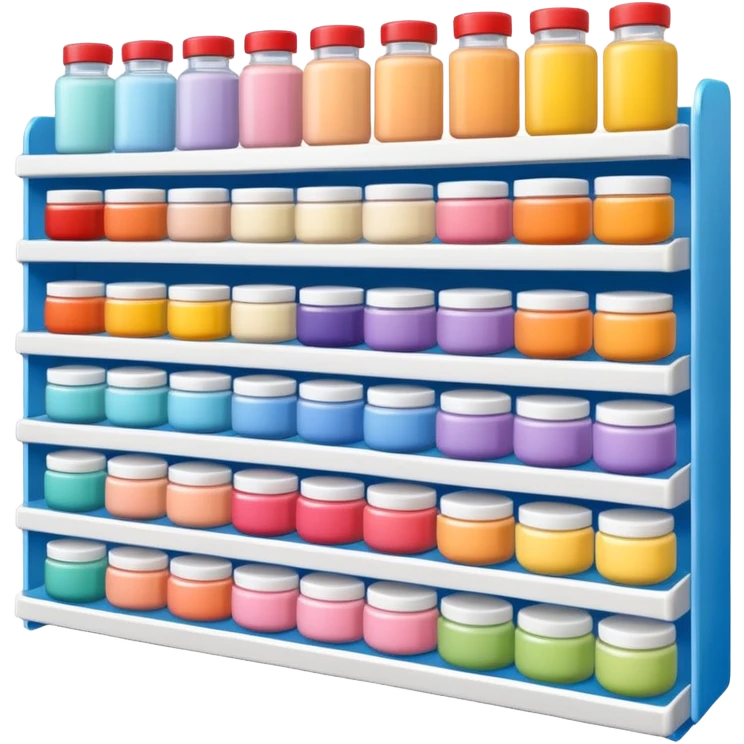 Japanese brand creams displayed on a storage shelf, arranged with horizontal variation and vertical consistency. emoji