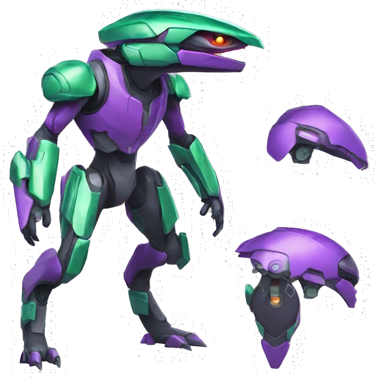 a purple-green Genesect-Raptor-Fakémon—hybrid with a futuristic visor-helmet full body emoji