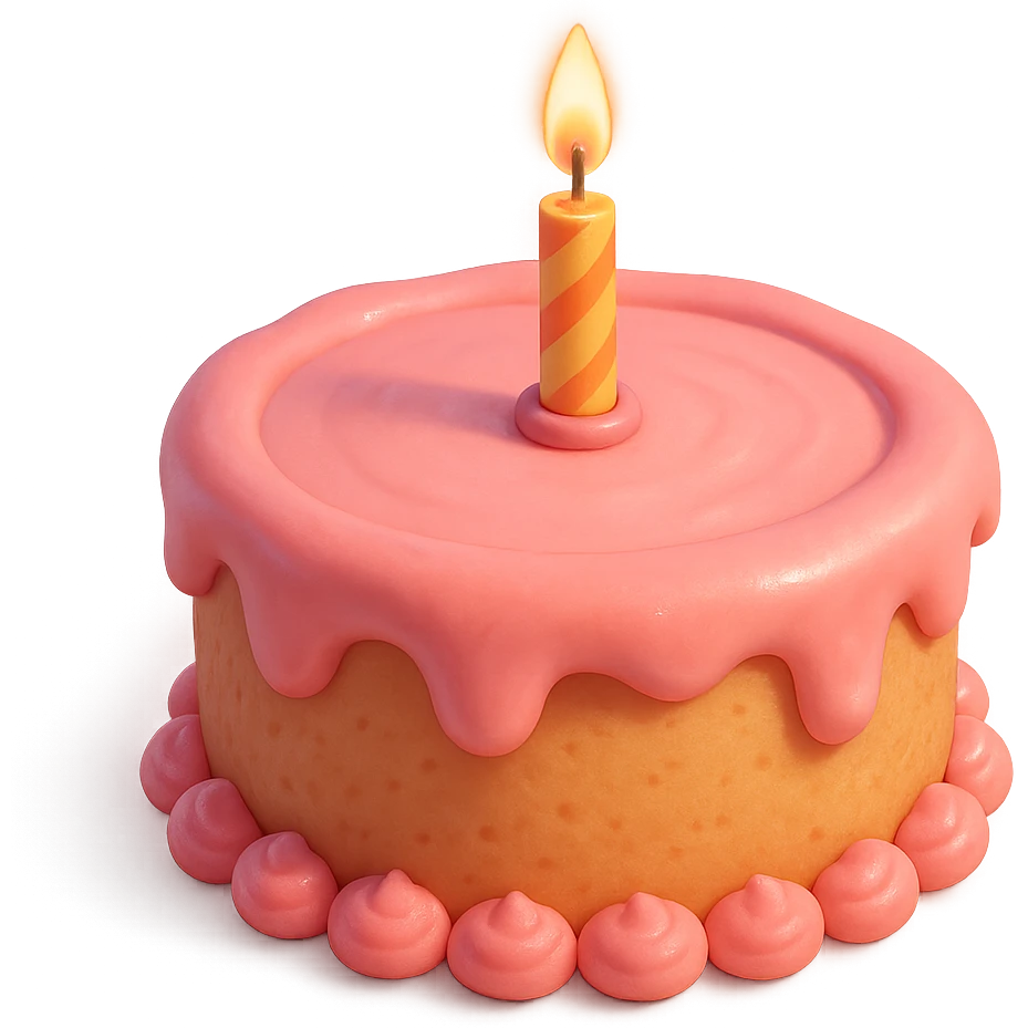 Draw a Pixar-style birthday cake with pink frosting and a single candle. The cake should be visible from the front and top. emoji