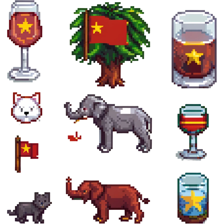 cat, dog, wolf, Vietnam flag, tree, elephant, and a glass all together in pixel art style emoji