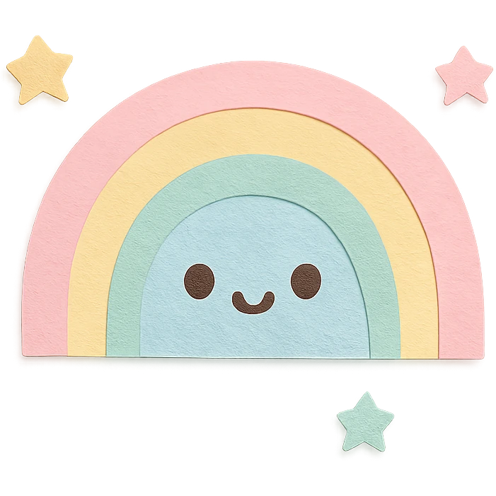 soft pastel gentle rainbow arc with tiny star companions, no arms, no legs, full body, soft pastel kawaii paper craft style emoji