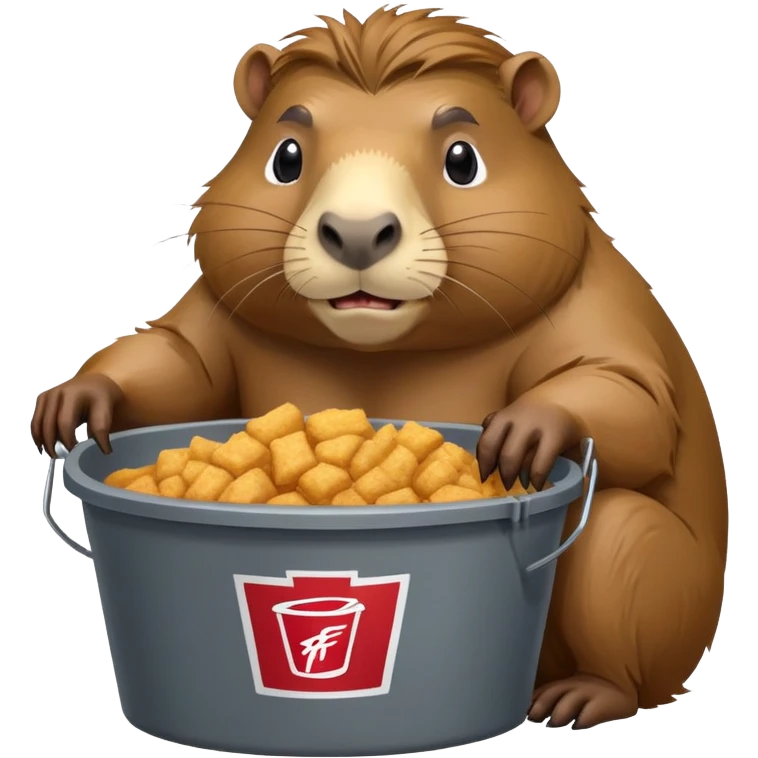 Muscular capybara with Johnny Depp features, goatee, long hair, sitting in a KFC bucket emoji