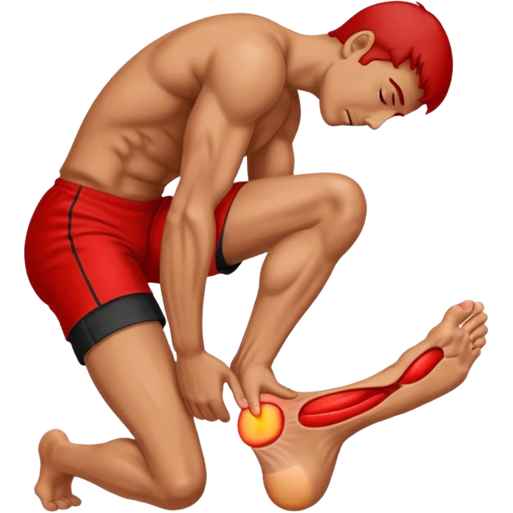 Man holding his foot in pain, muscle cramp in feet, red pain highlight on foot, simple medical emoji style, clean background emoji