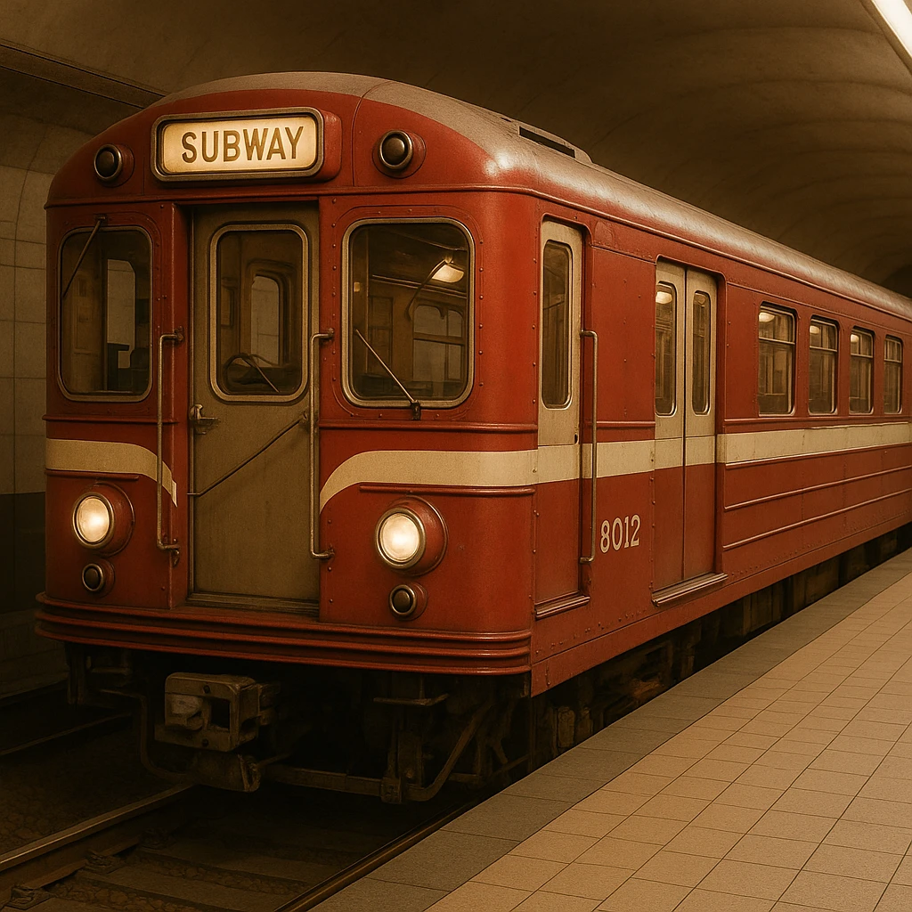 retro-inspired subway train in red and white, vintage details emoji
