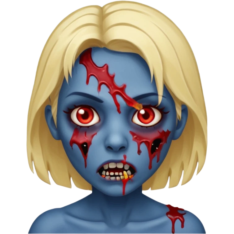 zumbi feminino com cortes no rosto, olhos baixos e vermelhos, cabelo loiro e rosto azul escuro, boca e olhos sangrando emoji