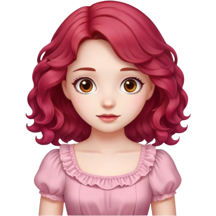 A pale girl with cherry red wavy hair and brown eyes, wearing a pink cute dress. emoji