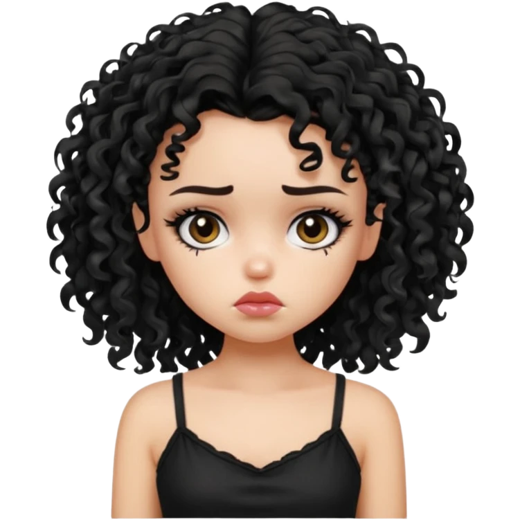 generate a pretty fair bratz girl with black messy curly hair looking sad . Wearing a black cami emoji