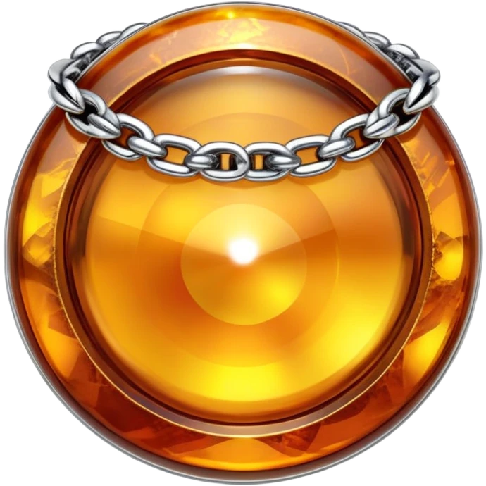 extreme close up of a round cut holographic amber charm with silver metal accent and ornate chain emoji