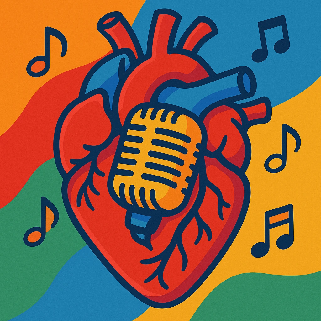 anatomical heart with a classic microphone embedded, music notes floating around, artistic vibe emoji