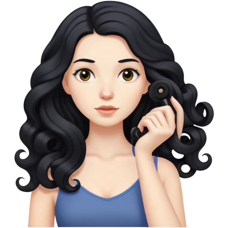 pale skinned woman with long black hair curling her hair, getting ready emoji