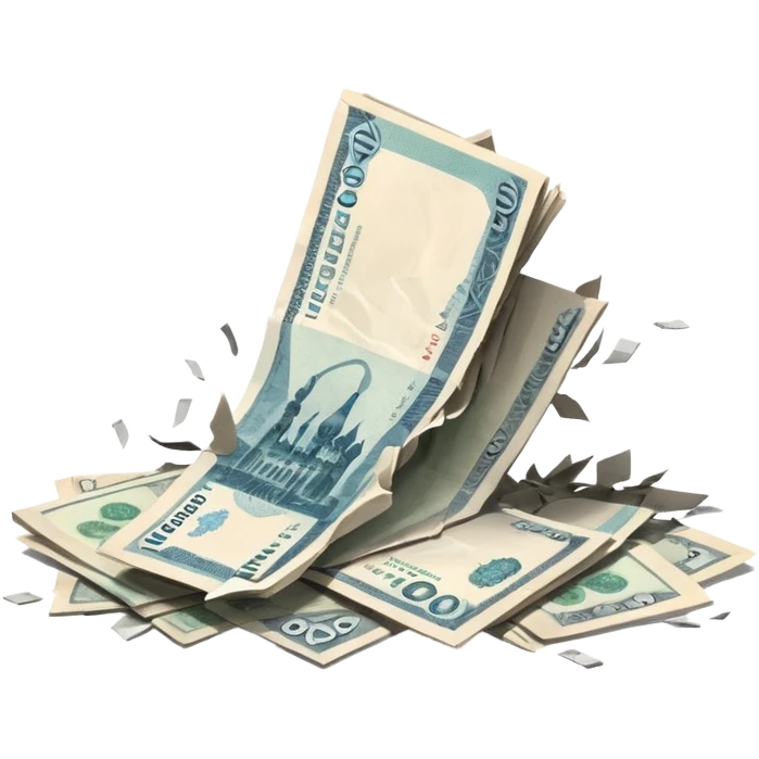 single stack of russian ruble notes blown into pieces because of explosion emoji