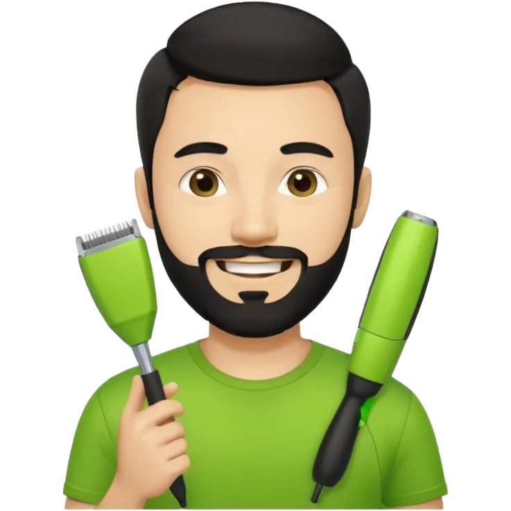 handsome young man, fair complexion, black hair and beard, holding a lime green trimmer, smiling, black t-shirt, iOS emoji style emoji