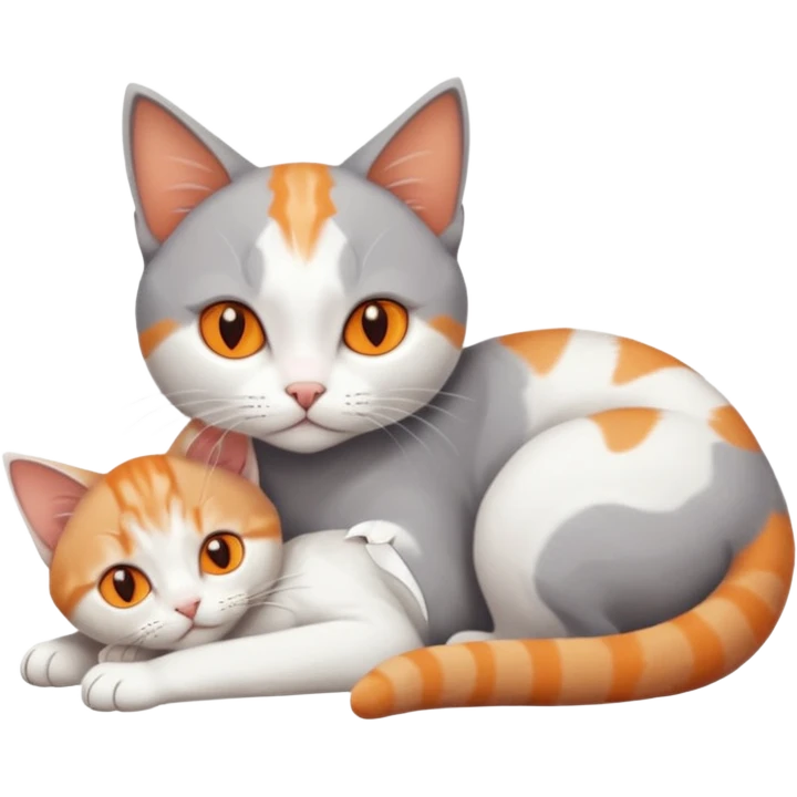 full body of a grey and white cat cuddling a very small + skinny ginger and white kitten with deep orange eyes and triangular shaped face lying down emoji