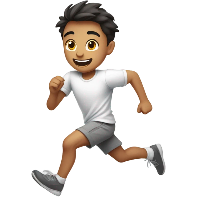 Young Eurasian boy in white shirt and grey shorts running emoji