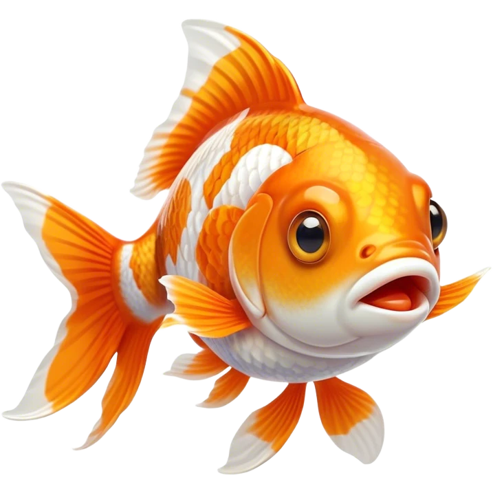 Cinematic Comical Orange and White Goldfish Portrait Emoji, Head tilted dramatically with an exaggeratedly amused expression, featuring a striking body with bold orange and white patterns, wide, expressive golden eyes filled with playful disbelief, Simplified yet hilariously expressive features, highly detailed, glowing with a slightly sassy glow, high shine, dramatic yet playful, stylized with an air of cheeky mischief, bright and endearing, soft glowing outline, capturing the essence of a spirited and over-the-top goldfish, so meme-worthy it feels like it could side-eye its way into internet fame instantly! emoji