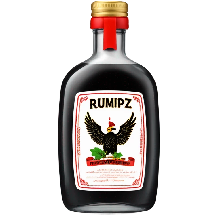 clear bottle of rumpleminze clear peppermint schnapps alcohol with a black label with red border and font that has a small gold eagle on the label that says “RUMPZ” emoji