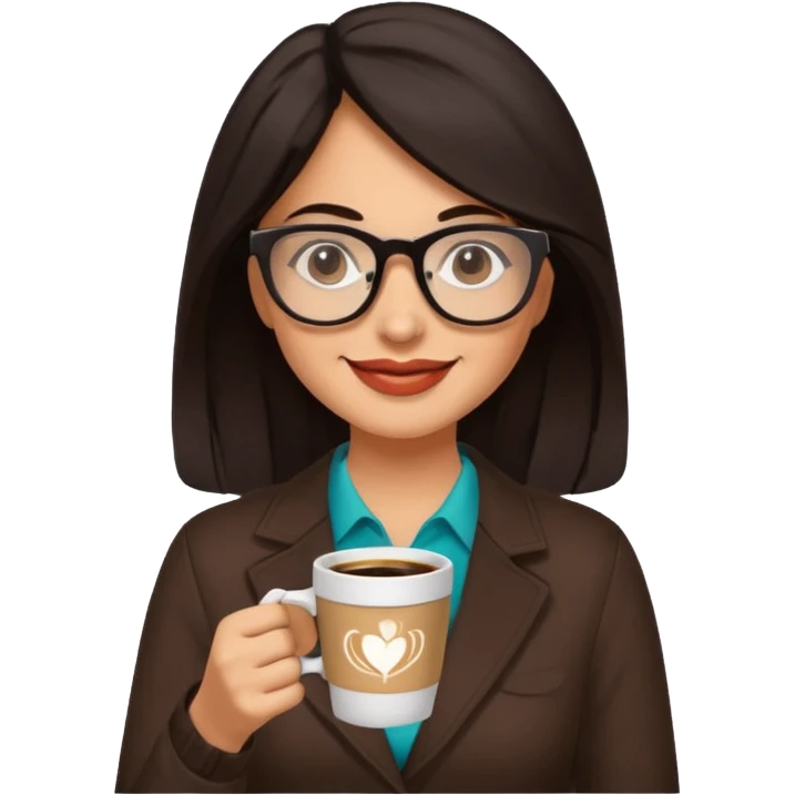 Hispanic woman with glasses. Dark hair. She is older, but cool. Happy and enjoying coffee  emoji