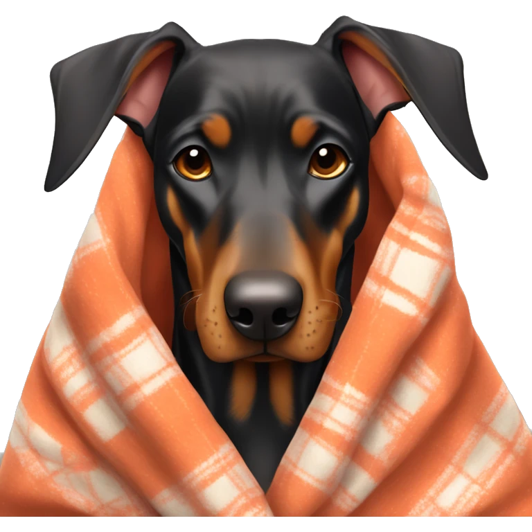 Doberman covered in a warm blanket emoji