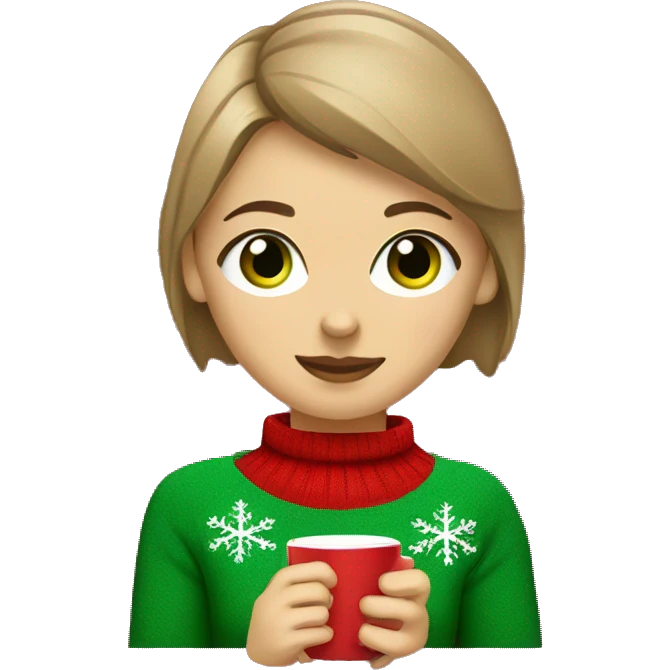 Light brown short haired girl with green eyes drinking coffee wearing red Christmas sweater emoji
