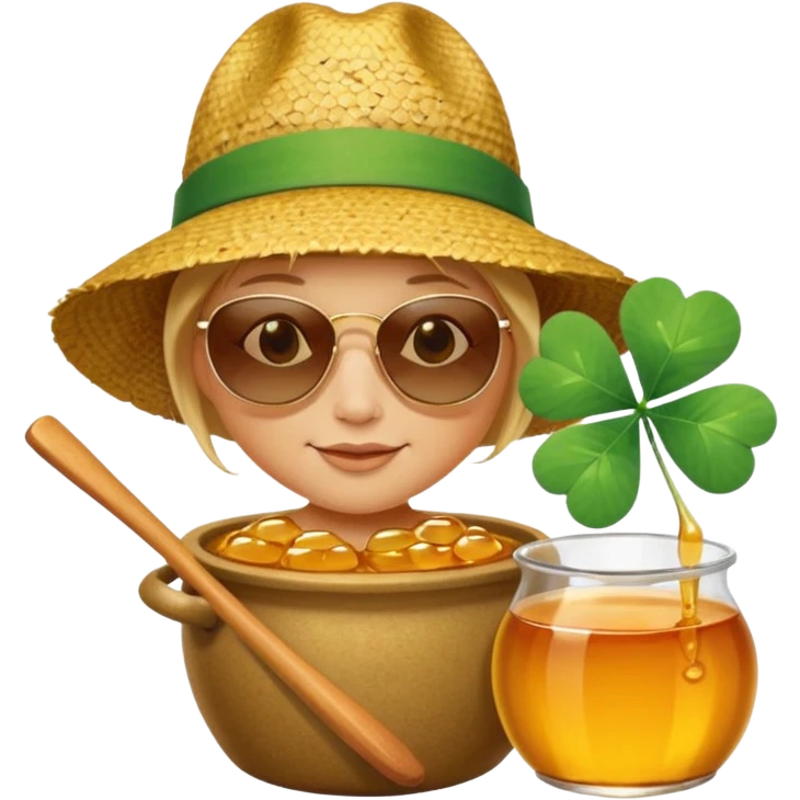 A hunny playing or eating out of a big pot of honey (like the one Winnie the Pooh played with) and have a Irish four leaf clover ground cover and a beach back drop  emoji
