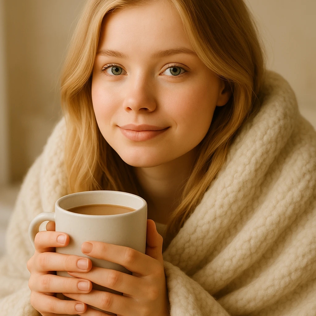 Show the blonde girl wrapped in a blanket, holding a coffee mug, with her eyes open, peaceful and cozy. Emphasize the warm and comforting mood. emoji