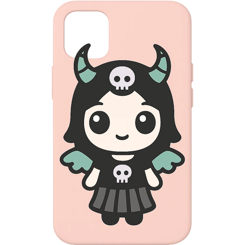 Remove any purse or purse-matching elements. Focus only on a white and black gothic kawaii phone case with big eyes, smiling, playful, cartoonish style, and gothic symbols. No purse references. No background. emoji