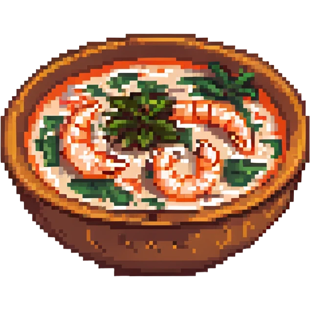 pixel art style tom yum soup, with shrimp and herbs in a bowl, classic 8-bit look emoji