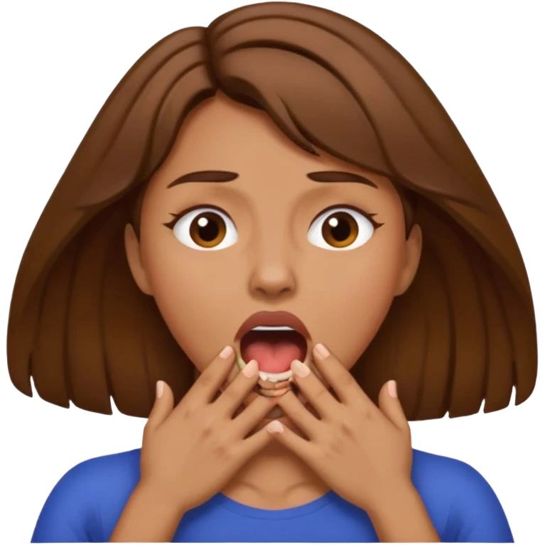 the woman emoji with brown hair and tan skin choking herself out with both hands on her neck with her mouth open emoji