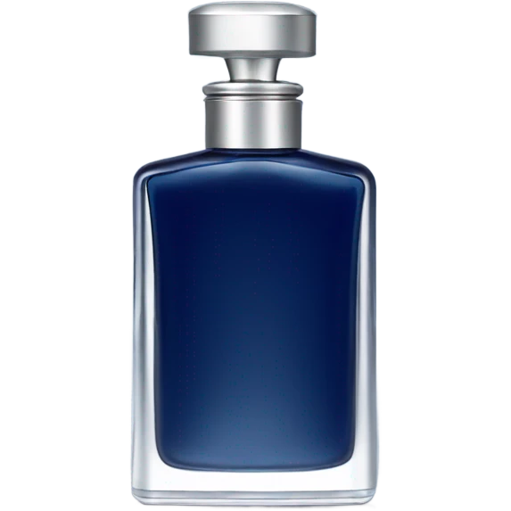Dark blue cylindric perfume bottle for man with white rectangular label and silver cap emoji