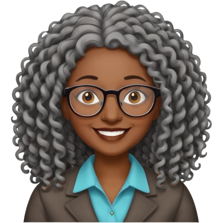 smiling dark older black woman wearing glasses with lots of long curly gray hair a emoji