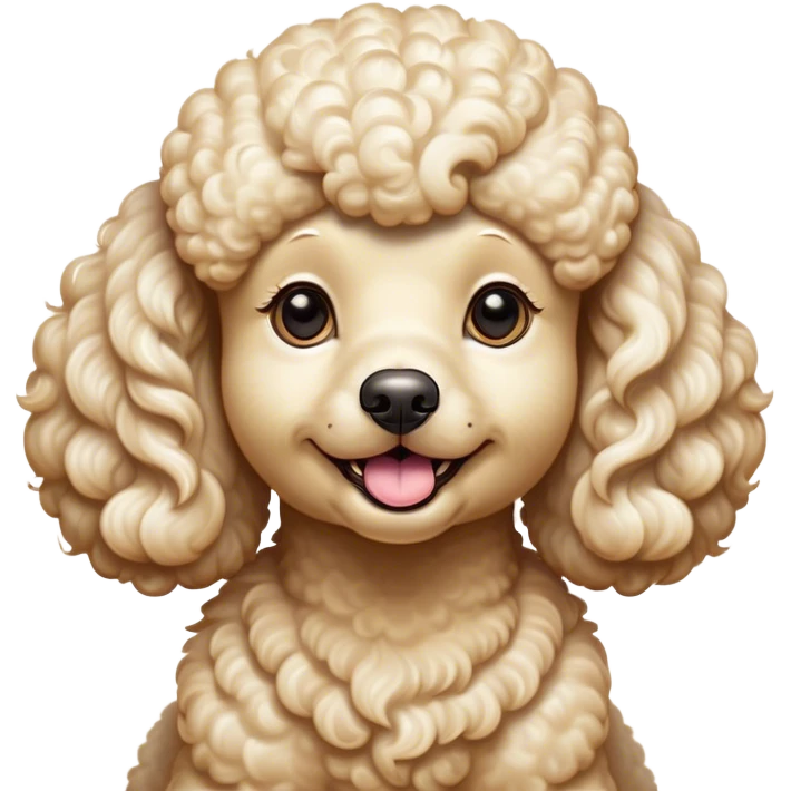 Cinematic Comical Cream Poodle Portrait Emoji, Head tilted dramatically with an exaggeratedly amused expression, featuring a glossy, curly cream Fur with a radiant sheen, wide, expressive warm eyes filled with playful disbelief, Simplified yet hilariously expressive features, highly detailed, glowing with a slightly sassy glow, high shine, dramatic yet playful, stylized with an air of cheeky mischief, bright and endearing, soft glowing outline, capturing the essence of a spirited and over-the-top companion, so meme-worthy it feels like it could side-eye its way into internet fame instantly! emoji