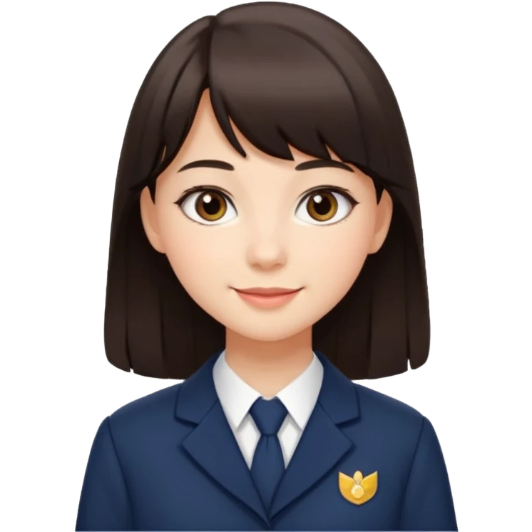 Pretty student with dark brown bangs and long straight hair, elegant school uniform, natural makeup, charming smile emoji