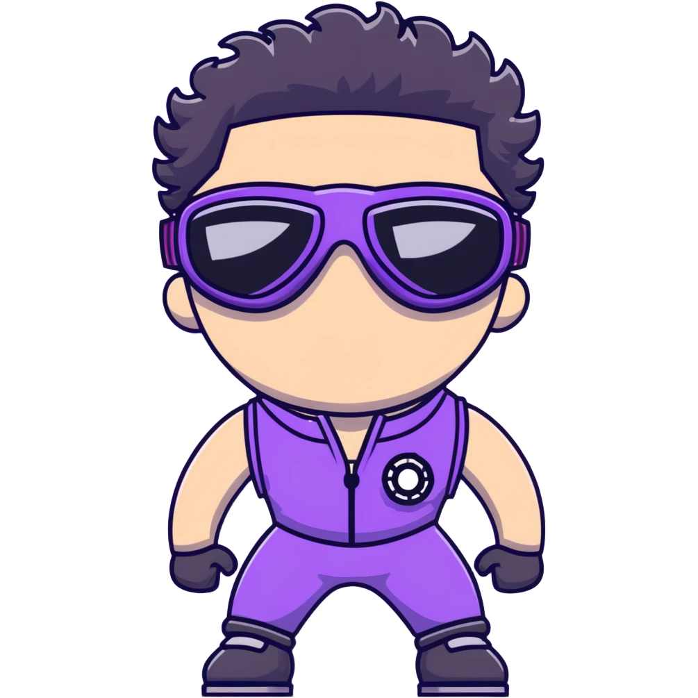male athlete with white skin and moderately curly black hair on top with shaved sides, wearing ski goggles with purple frames and very dark black lenses, a simple plain black chain necklace, and a completely unzipped sleeveless vest with purple and black sequin fire pattern design with no logo or brand emblem, fully revealing his chest, shoulders and arms, no earrings emoji