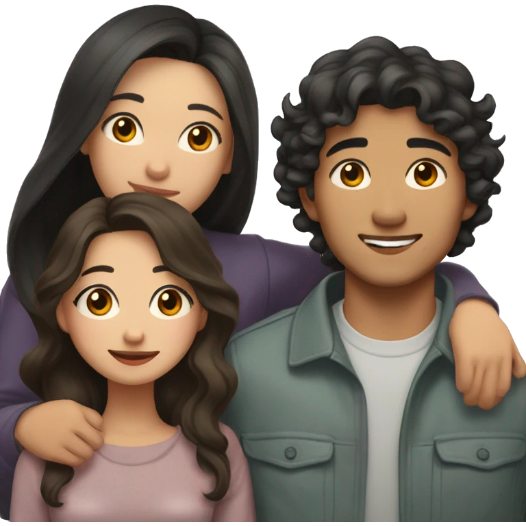 A half pale Asian man with short dark hair and amber eyes embracing and loving a half Asian woman with long wavy dark hair and dark hazel eyes. They love each other a lot And have good fashion taste. And are having a lot of fun emoji