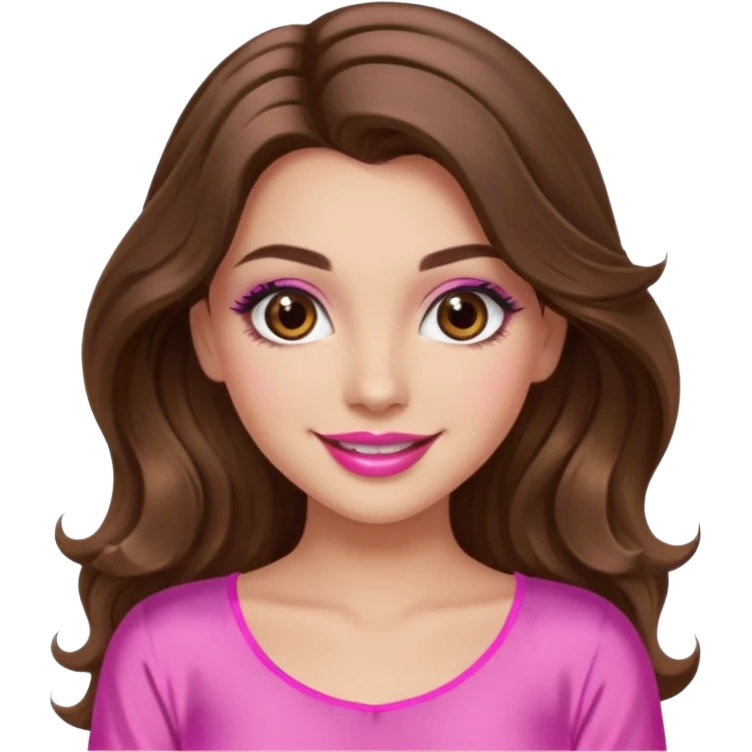 girl with long wavy brown hair, brown eyes, long lashes makeup, sexy pink lips, light to medium complexion, wearing a pink sexy silk top, smiling emoji