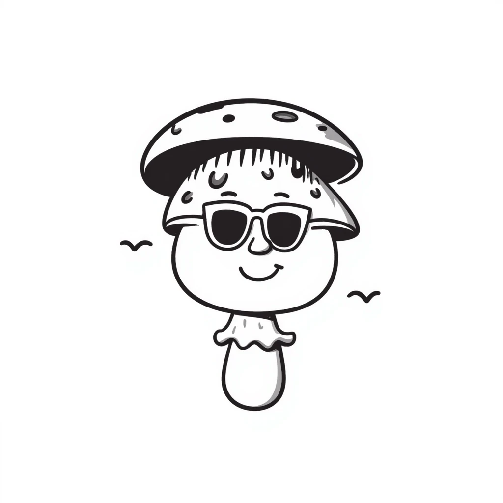 mushroom with sunglasses and a smile, hand drawn doodle style emoji