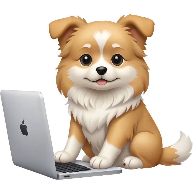 light-colored dog sitting at a computer creating a design emoji