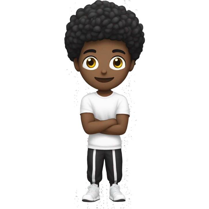 CHICO DE PELO NEGRO OJOS NEGROS Y CAMISETA NEGRA EN FORMA CON UNOS CASCOS DE MUSICA BLANCOS Y UNA PESA DEL GYM EN LA MANO emoji