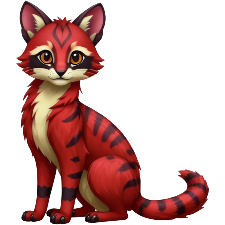 Dark gloomy red-furred colorful painted marked patterned Asian glorious divine exotic cute cool beautiful shiny beautiful fantasy-caracal-civet-genet-sergal-vernid-Cacomistle-oncilla-animal-Fakémon-hybrid-fursona (full body) emoji