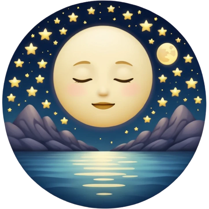 "Design a calming circle emoji for evening reflection. Soft moonlight, gentle stars, peaceful or spiritual symbols. No people - emphasize tranquil colors, night sky elements, and serene spiritual imagery." emoji