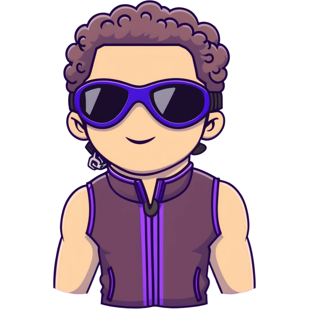 close-up of male athlete with white skin and moderately curly dark brown hair on top with shaved sides, wearing ski goggles with purple frames and very dark black lenses, a simple plain black chain necklace, and a completely unzipped sleeveless vest with purple and black sequin fire pattern design with no logo, frame centered on face and upper chest emoji