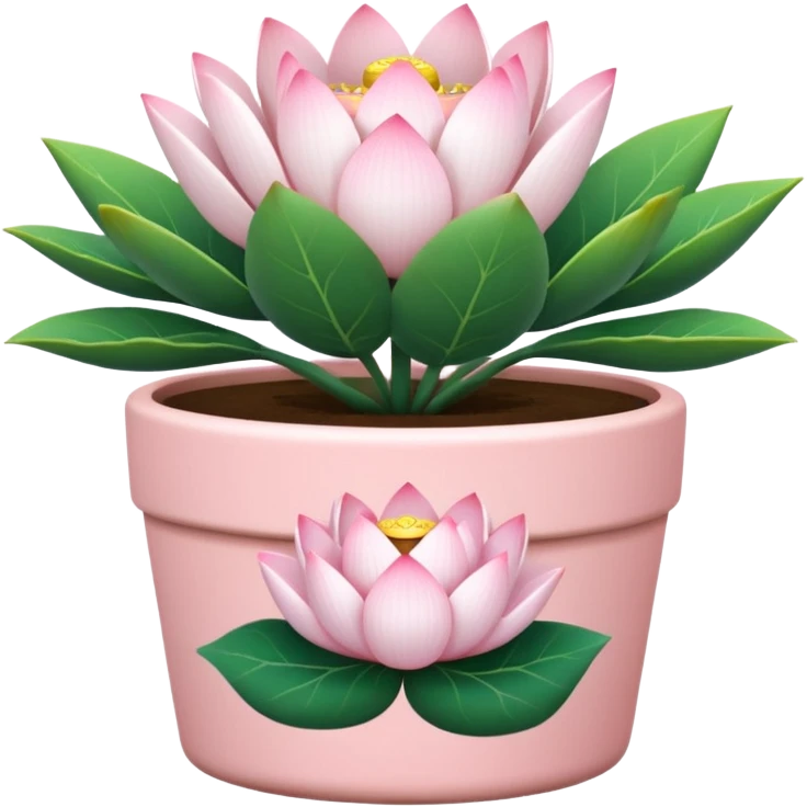 Short, cylindrical ceramic flower pot in pastel pink, containing a lotus flower plant. emoji