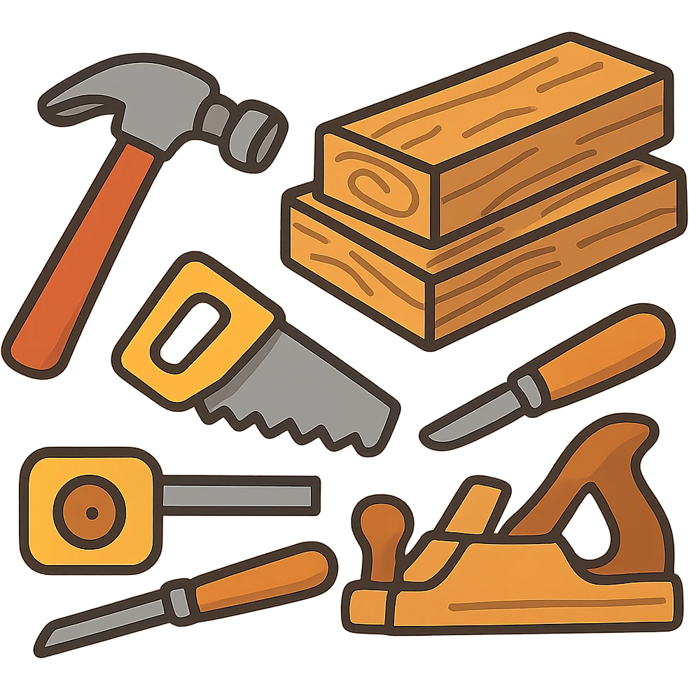 flat toon style woodworking tools and wood planks emoji