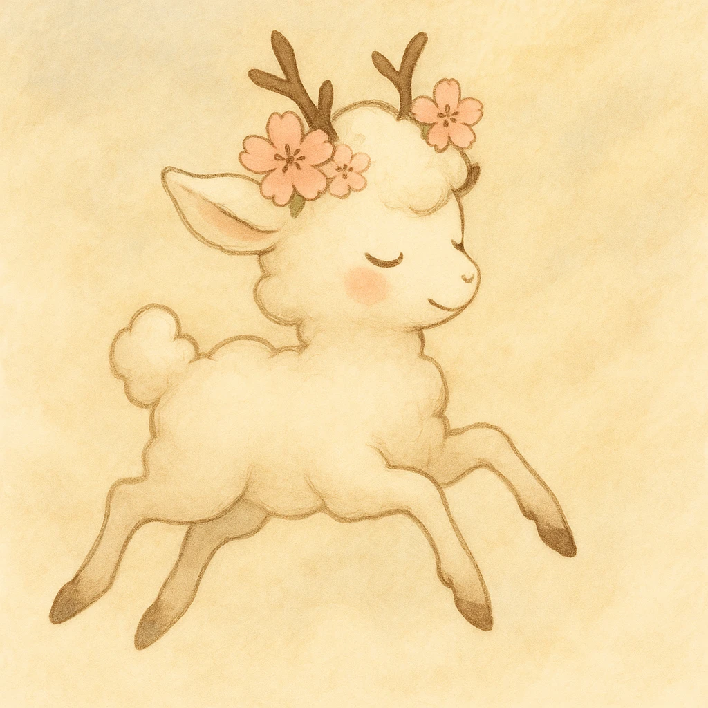 Refine the vanilla cloud doe with rosy cheeks and a cherry blossom crown to float gracefully, avoiding a front-facing view. The style should be soft and whimsical, conveying magical, graceful floating energy in the pose and expression. This is for a brand identity mascot for social media, emphasizing a gentle and enchanting atmosphere. emoji