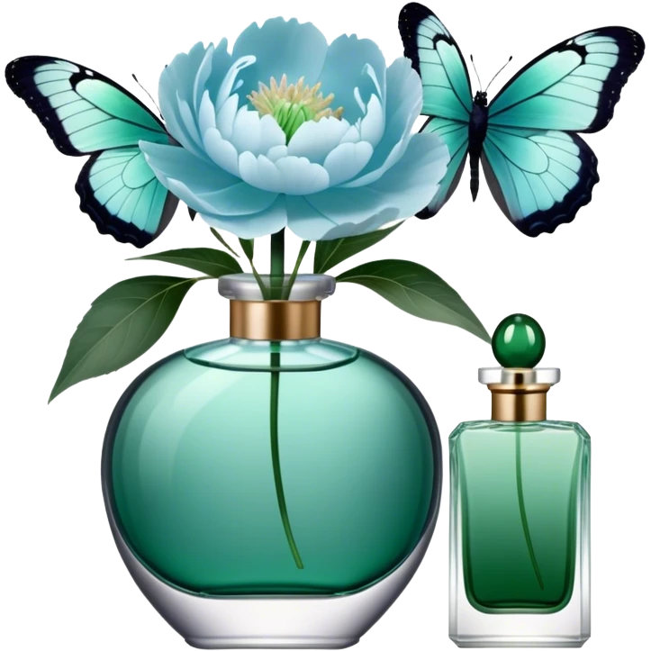 A delicate arrangement of pale blue peonies and a translucent green  butterfly near a deep green color perfume bottle.    emoji